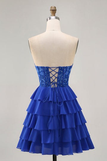 Robe bustier trapèze à plusieurs niveaux corset Royal Blue Homecoming avec perles